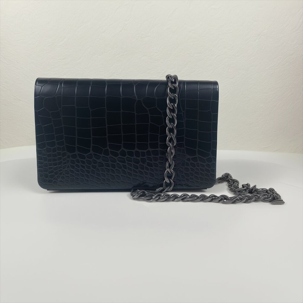 Black Crocodile Embossed Crossbody Bag Chain Strap Vegan Leather Clutch - Picture 5 of 8
